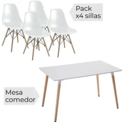 Conjunto mesa rect y 4 sillas Dinamarca blanco
