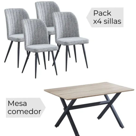 Conjunto mesa Royce W + 4 sillas Rory